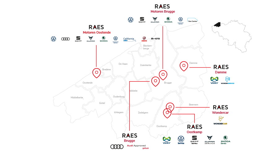 Raes Autogroep kaart met vestigingen