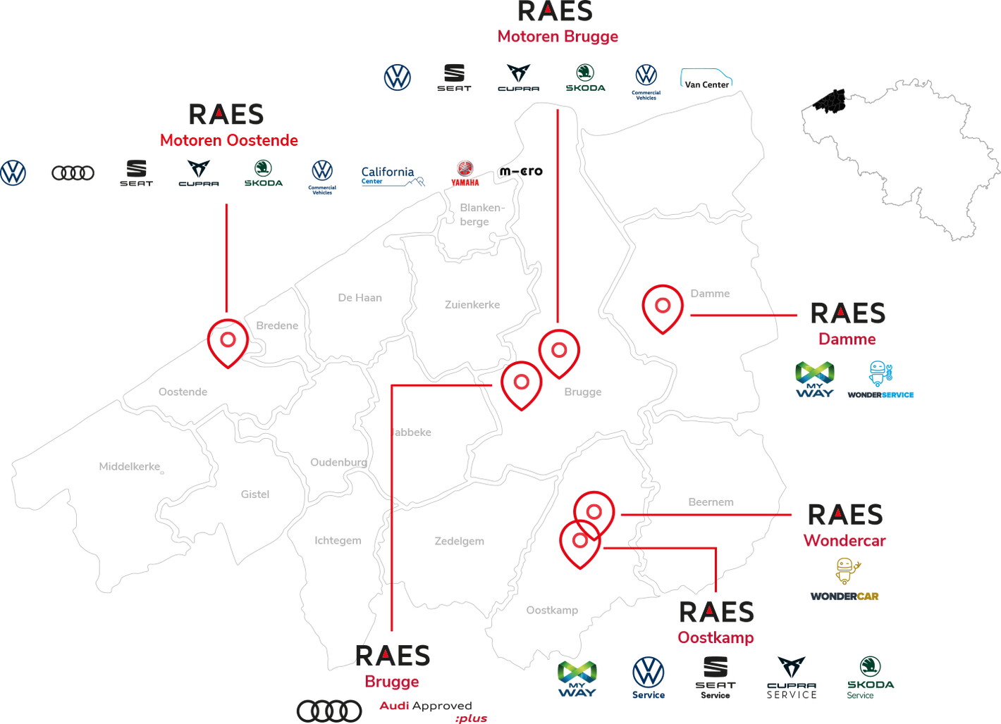 Raes Autogroep kaart met vestigingen