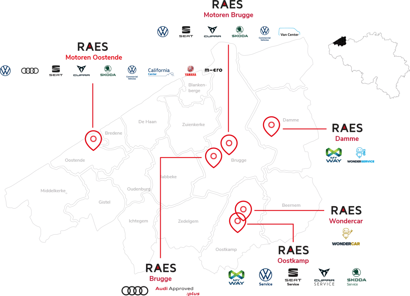 Raes Autogroep kaart met vestigingen